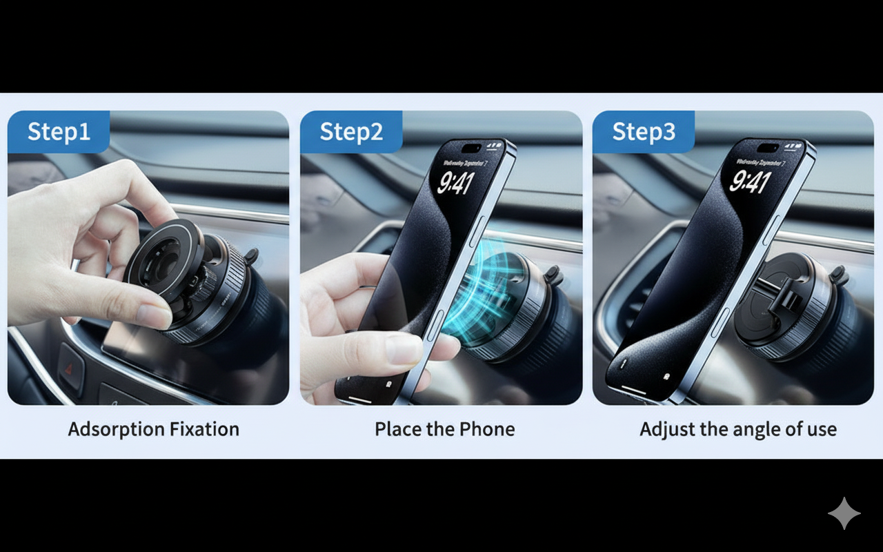 Magnetic Car Phone Holder | 360° Rotation | Adjustable Arm | Strong Suction Mount for Dashboard | Android, iPhone and Laptop Compatible | Universal Mobile Holder